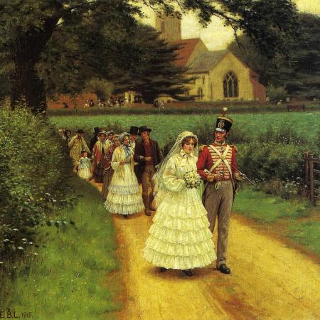 Soldier in uniform and bride in white leaving a church