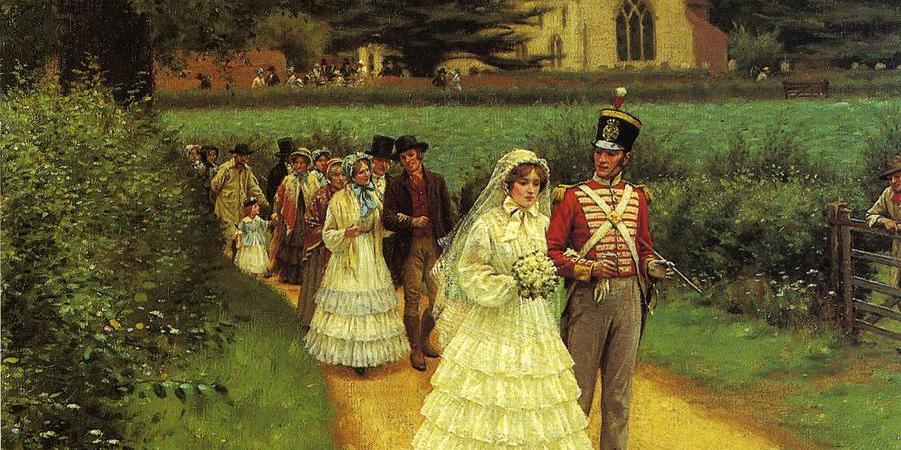 Soldier in uniform and bride in white leaving a church