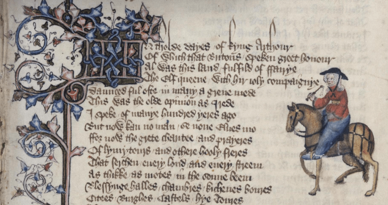 Illuminated manuscript of Canterbury Tales with the Wife of Bath on a horse