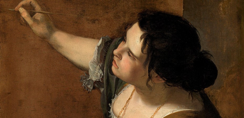 woman in green dress about to paint blank canvas