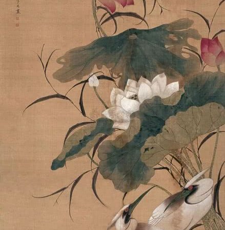 Flowers with white birds wading in water below