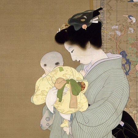 Japanese mother in kimono with small child