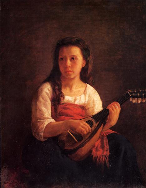Girl with long hair holding a mandolin