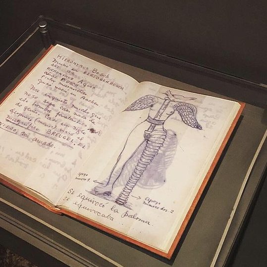 diary page with words in spanish and ddrawing of headless, naked, armless woman with wings