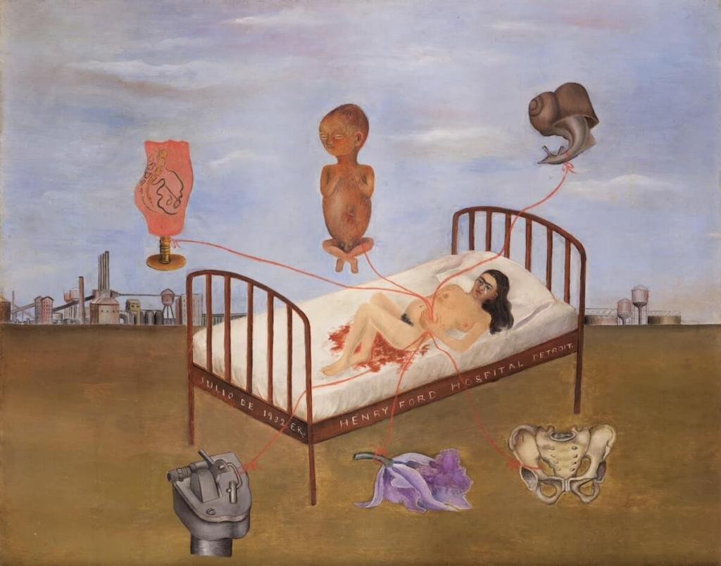 Bed with naked woman in a pool of blood connected to various objects floating around her