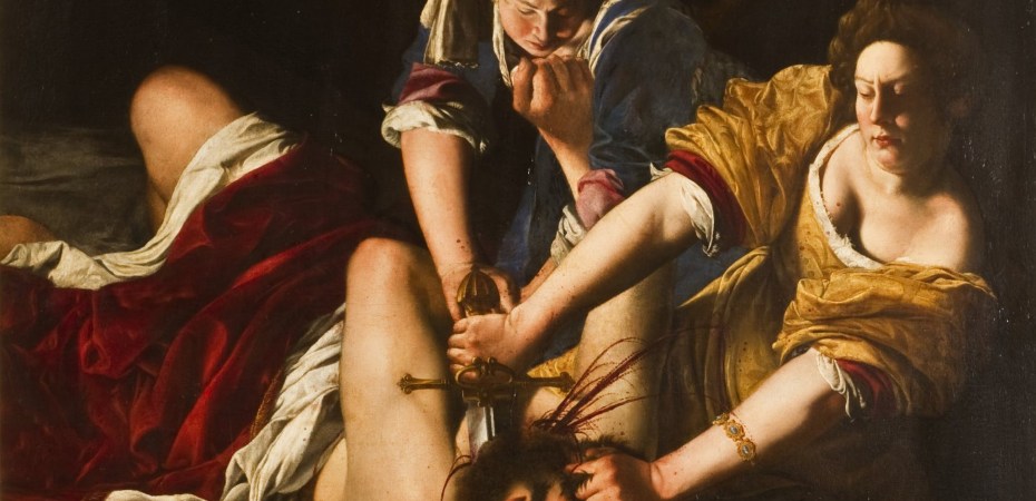 Two women holding down and decapitating a man on a bed