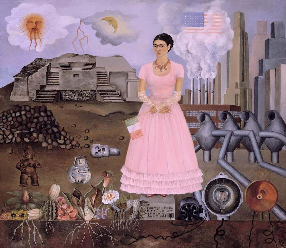 Woman in pink dress surrounded by machinery, skyscrapers, plants, temples, etc.