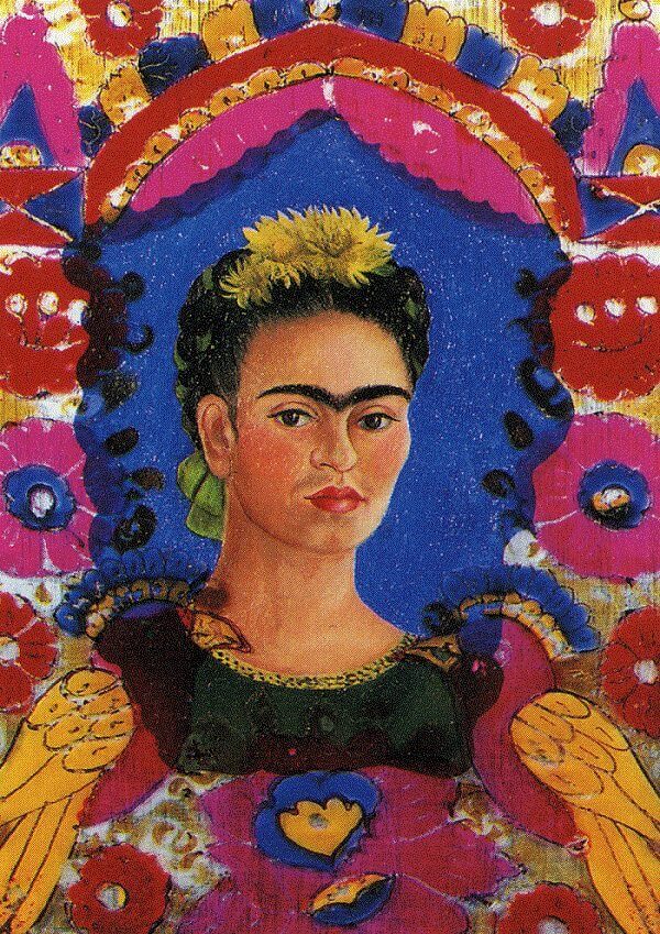 Frida Kahlo's head with unibrow, surrounded by Mexican decorations in pink, red, yellow, and blue