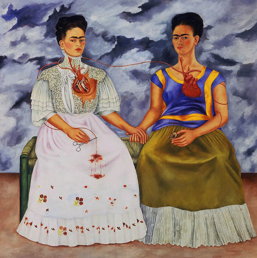 Two identical women in contrasting dress, with chests open to reveal hearts