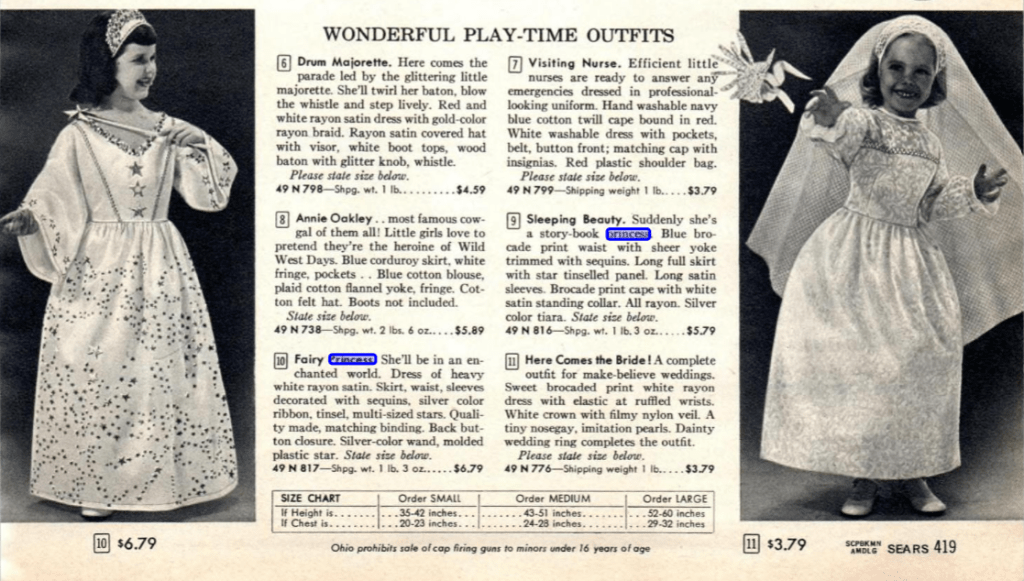 Two page spread of costumes from princess to bride