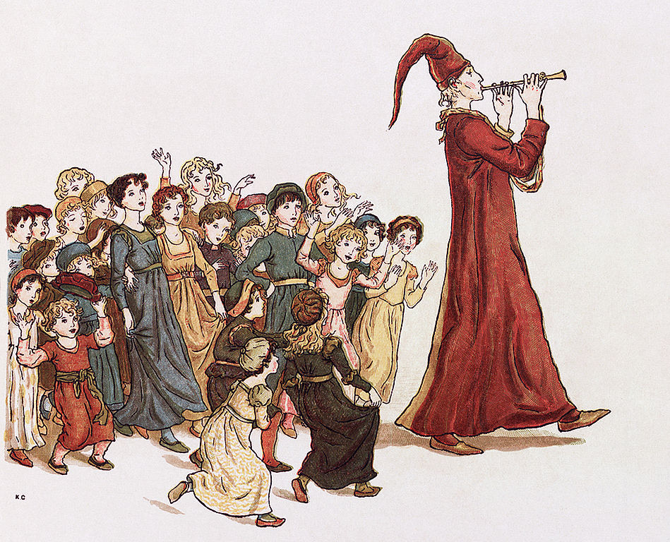 Adult piper in red followed by a crowd of children