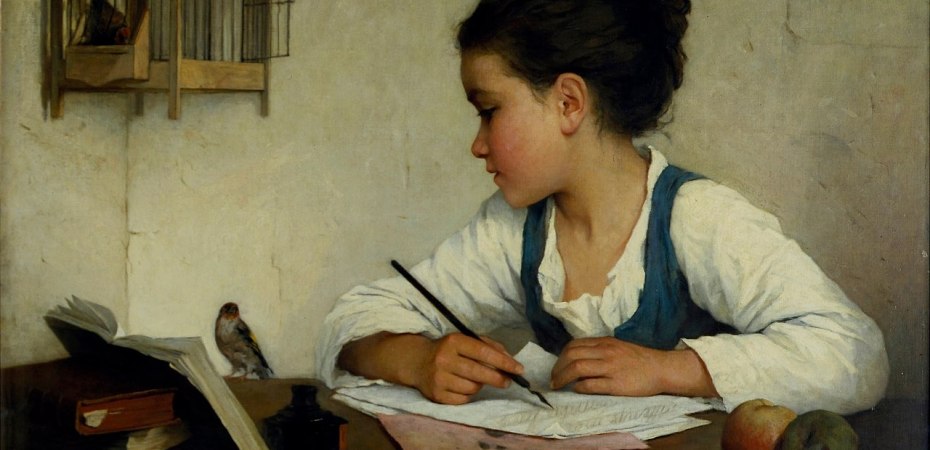 Girl writing with pet goldfinch